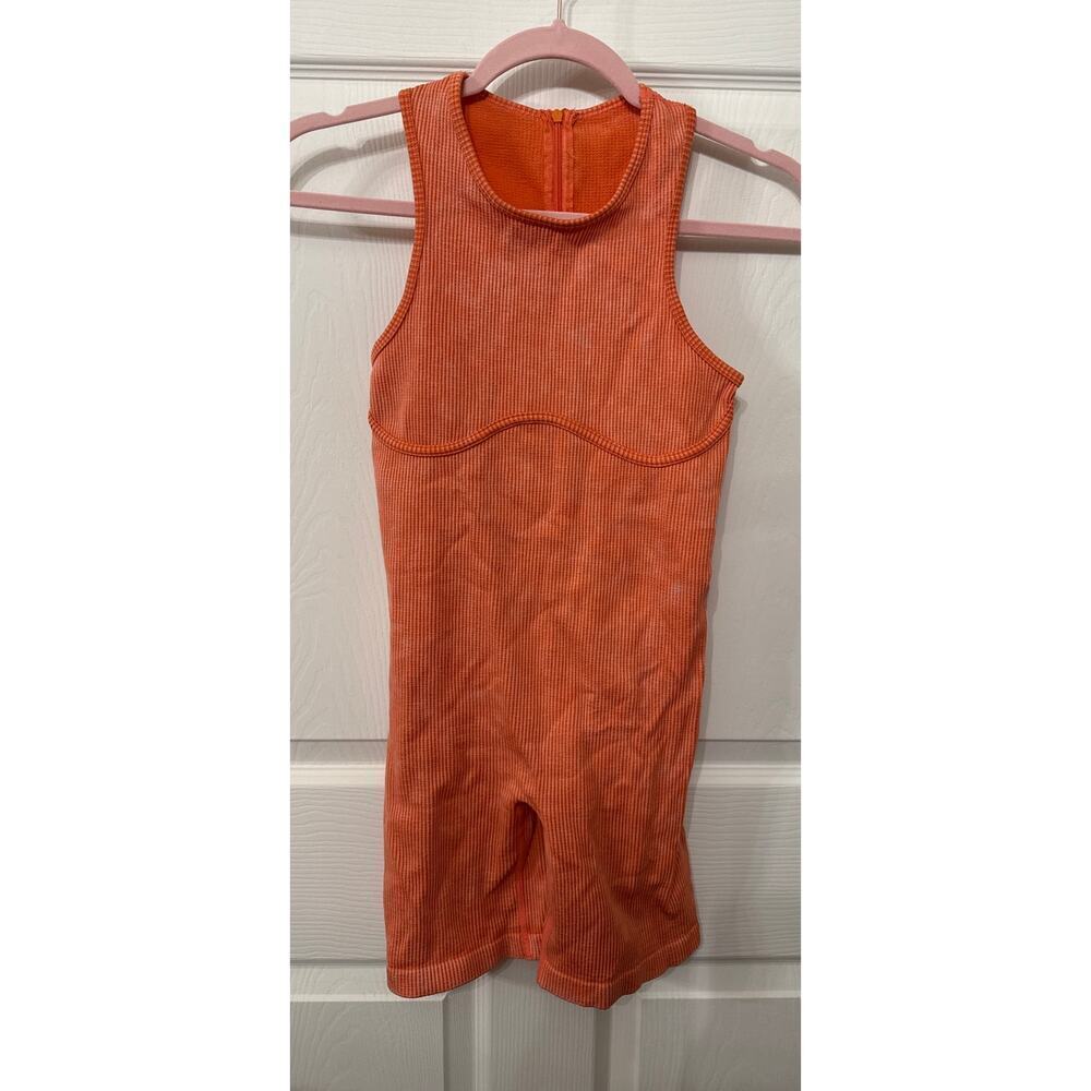 New Mix Orange Ribbed One-Piece Compression Exercise Shorts Suit, L/XL